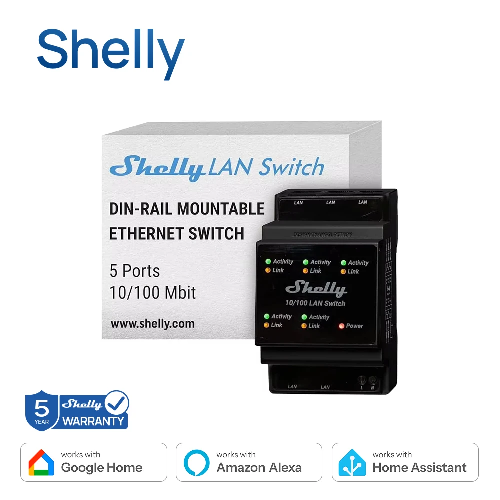 Shelly LAN Switch Ethernet Network Switch for DIN Rail 10/100 Mbps 5 RJ45 Ports 110 V - 230 V Easy Installation Plug & Play