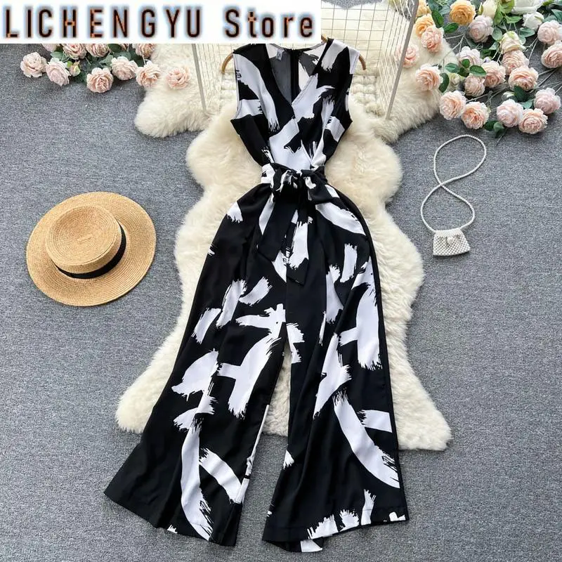 New Elegant Style Chic Jumpsuit Women V-neck High Waist Contrast Color Print Wide Leg Jumpsuits Winter Spring