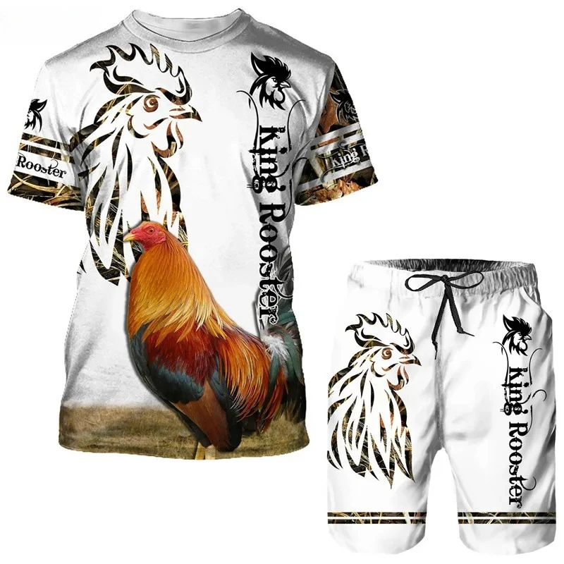 2025 Men's 3D Printed Chicken Rooster Animal Summer Men's Leisure Sports Set Fun Hunting Chicken Camo T-shirt Shorts Set