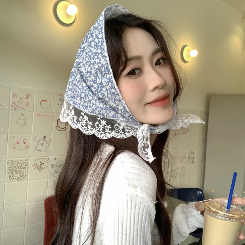 Renda Korea Vintage syal segitiga warna Solid syal kepala tren elegan hiasan kepala untuk wanita anak perempuan Y2K perhiasan 2024 INS Bandana