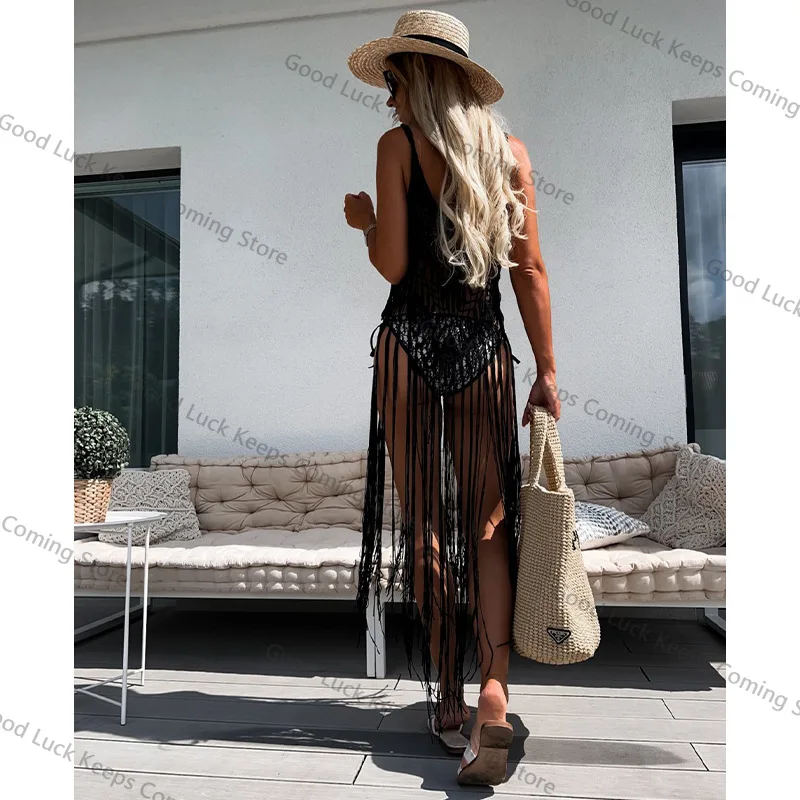 2025 เสื้อถักโครเชต์บิกินี่ COVER-UPS เซ็กซี่ Hollow OUT ชุดผู้หญิงฤดูร้อนเสื้อผ้าชายหาดสวมชุดว่ายน้ําดูผ่านพู่ COVER UP