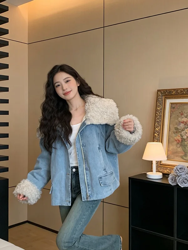 

Корейская ретро-куртка из денима с воротником, женская утепленная теплая куртка, новая зимняя универсальная верхняя одежда с длинными рукавами на молнии