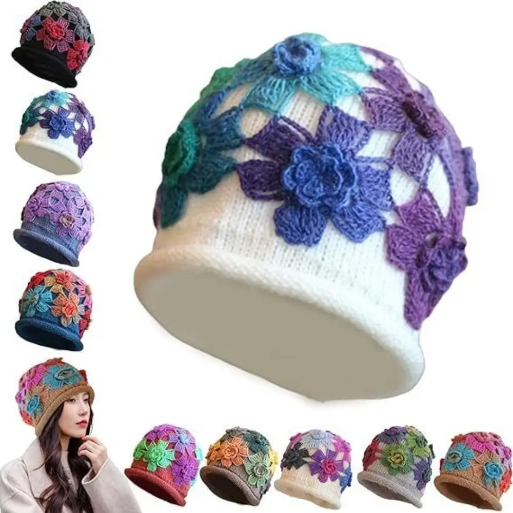 

Gradient Colored Flower Knitted Hat Fashion Warm Stacked Hat Flower Knit Hat Handmade Beanies Women