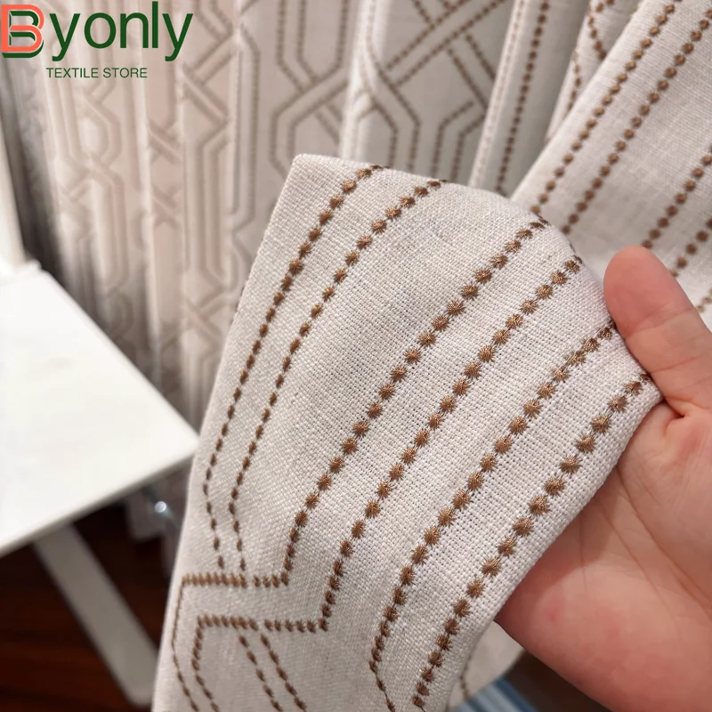 Geometric Embroidery Polygon Beige Jacquard Thickened Curtains for Living Room Bedroom French Window Customized Products