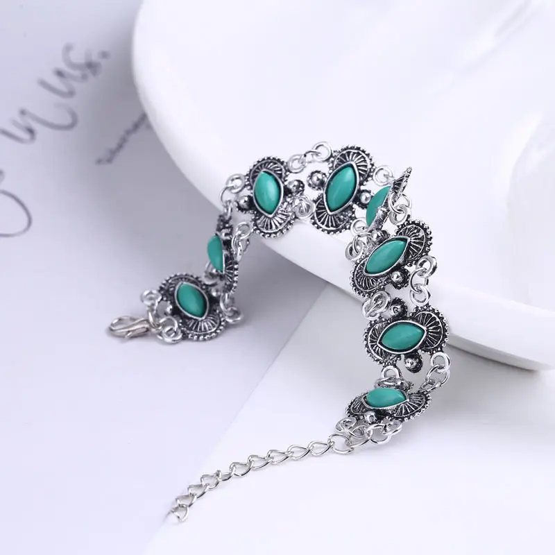 Fashion Ethnic Bohemian Bracelets & Bangles for Women Blue Stone Vintage Beach Boho Flower Oval Adjustable Bracelets Jewelry