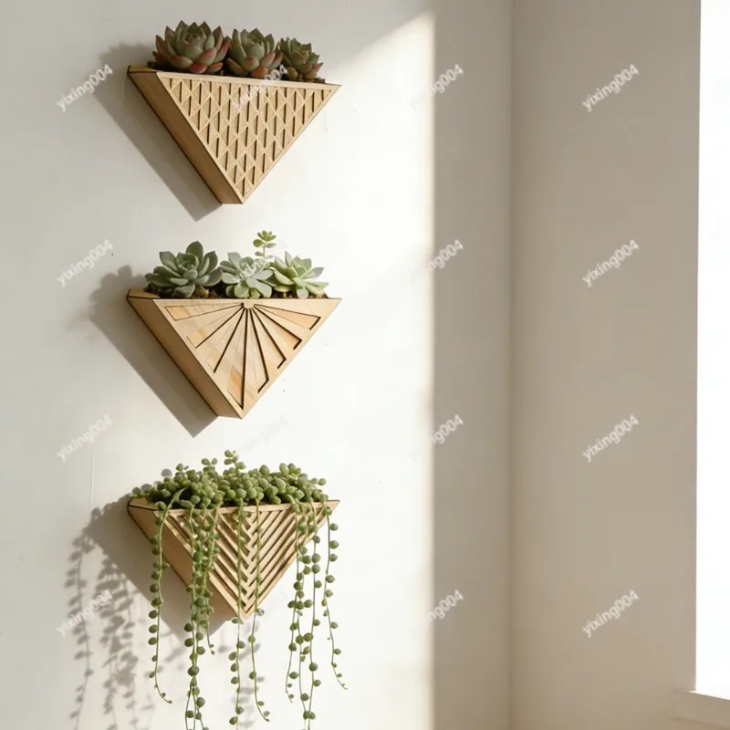 Triangular Wooden Wall Flower Pot, Creative Plant Shelf Crafts Home Wall Art Decoration