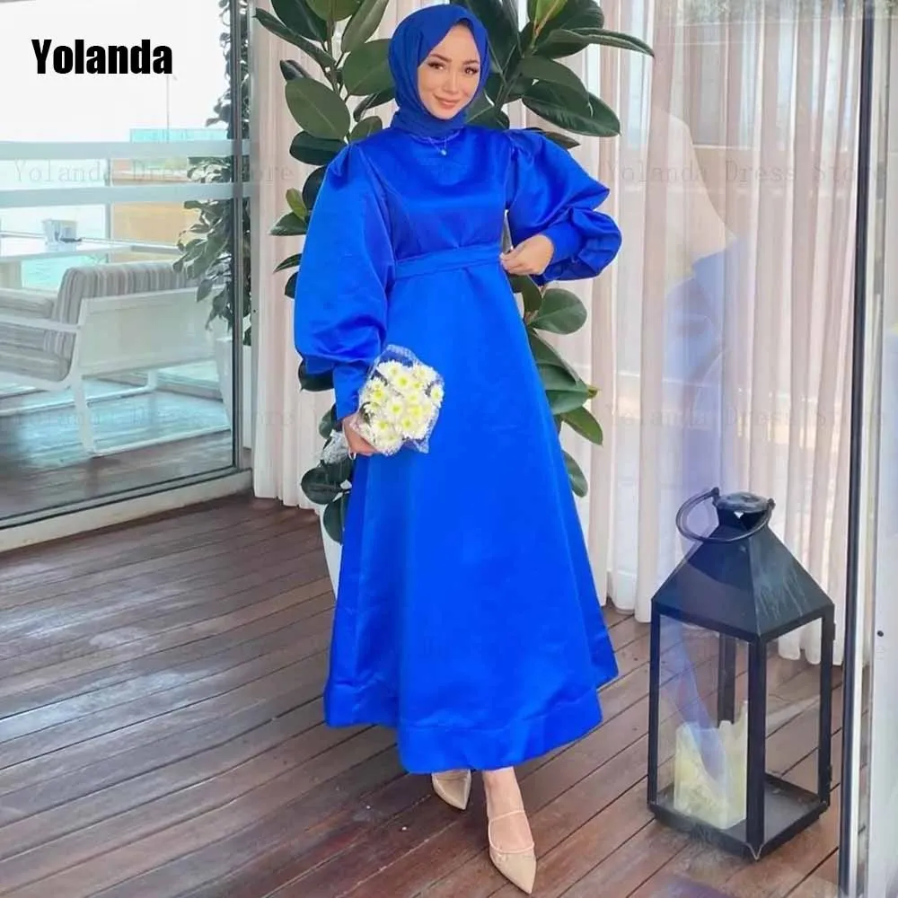 

Blue Exquisite A-line Evening Dresses Sleeveless Satin Draped Pleat Puff Sleeve Open Back Prom Gowns Knee Length فساتين السهرة