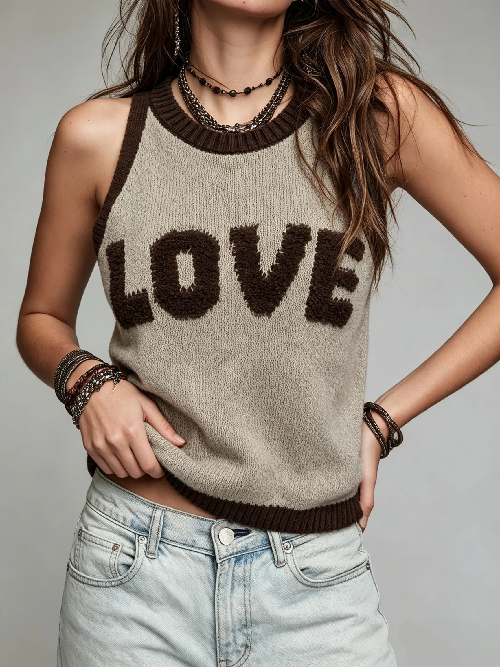 Love Letter Jacquard + Round Neck Ribbed Short Design, American Retro Hot Girl Style Beige and Brown Color-Blocking Knitted Vest
