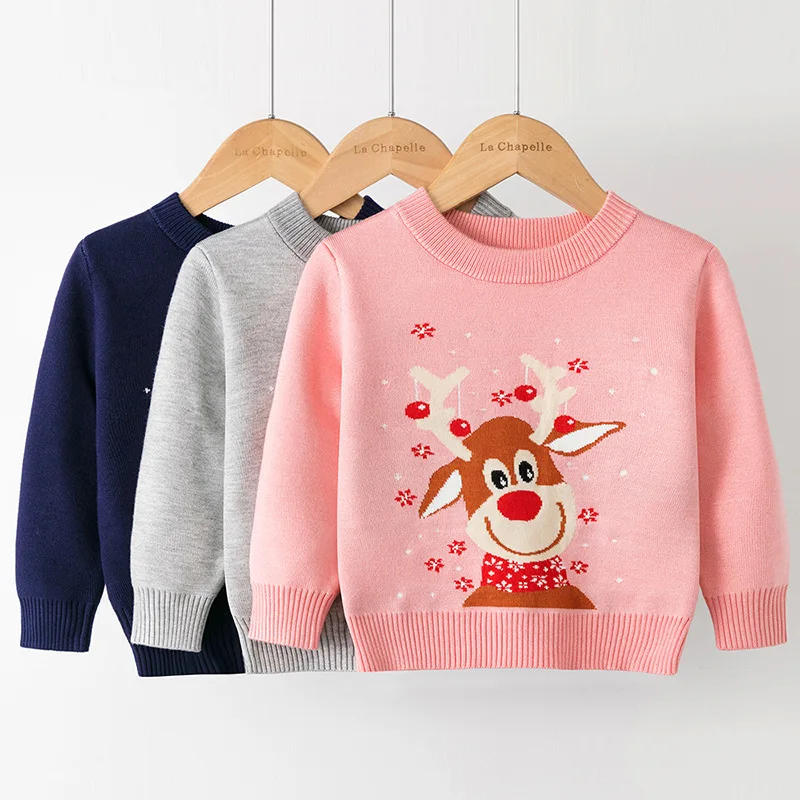 

New Kids Cute Cartoon Elk Jacquard Christmas Warm Knitted Pullover Sweater Knitwear Baby Boys Girls Autumn Winter Xmas Sweaters
