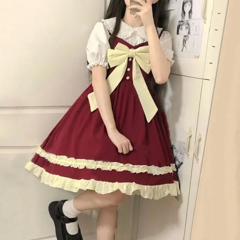 Harajuku Sweet Lolita Fresh Bubble Sleeves Short Sleeved Top Bow Slip Dress Spliced Slip Dress Women's Mid Length Dress