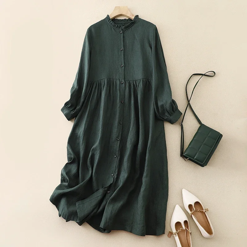 

Cotton and Linen Single-breasted Long-sleeved Auricular Collar Dress Women's Spring and Autumn Korean Style Retro Artistic B174