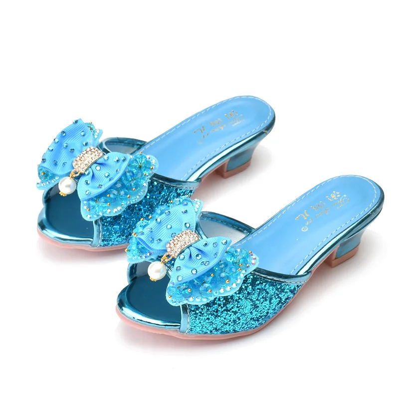 Girls High-heeled Sandal Slippers Children\'s Slippers Bow Pearl Kids Crystal Drill Princess Wedding Party Performance Slippers