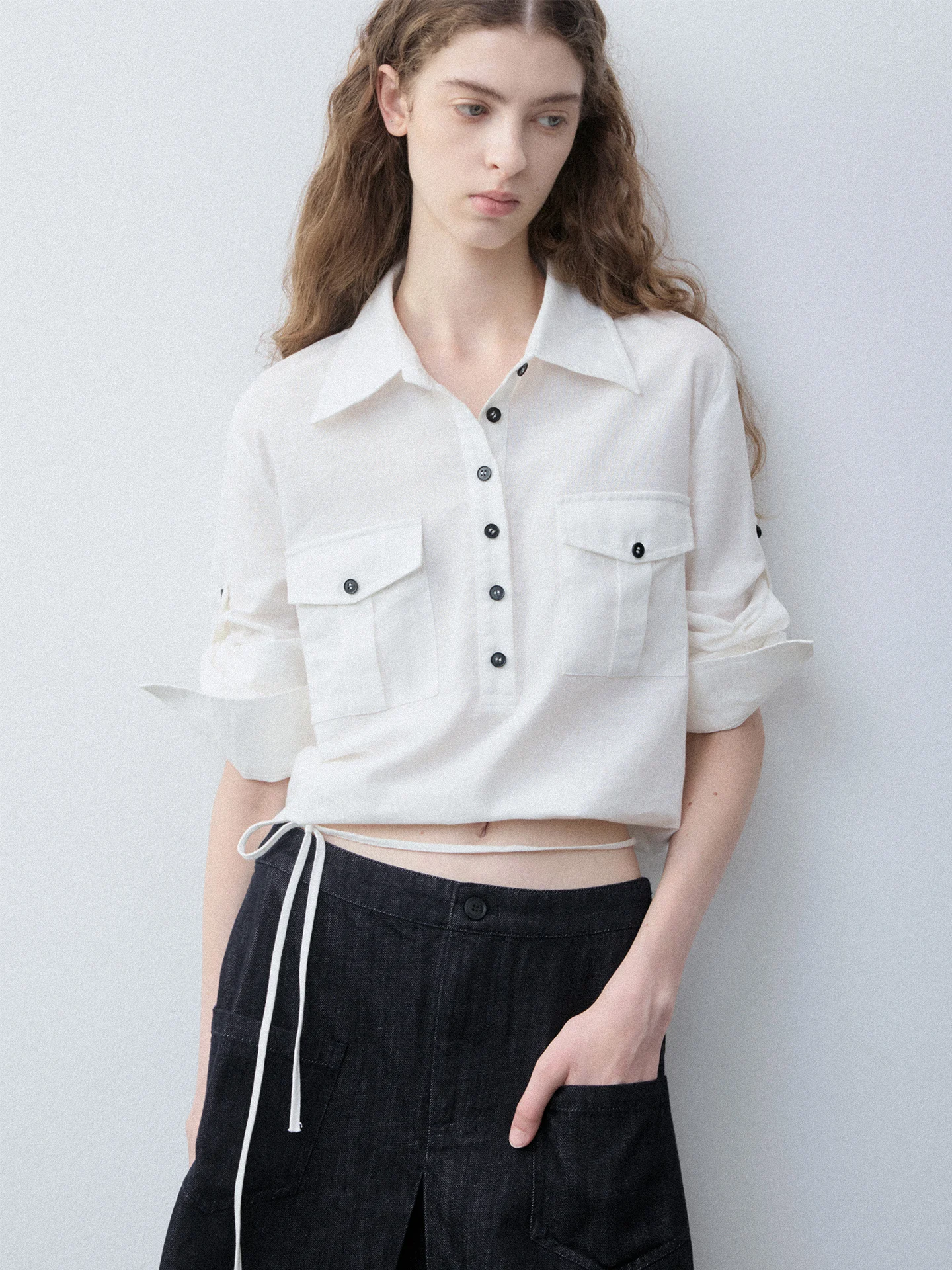Luamoss Women's Long Sleeve Shirt Linen Cotton Blend Drawstring Adjustable Sleeve Length Casual Top Two-Way Wear Waist-Cinching