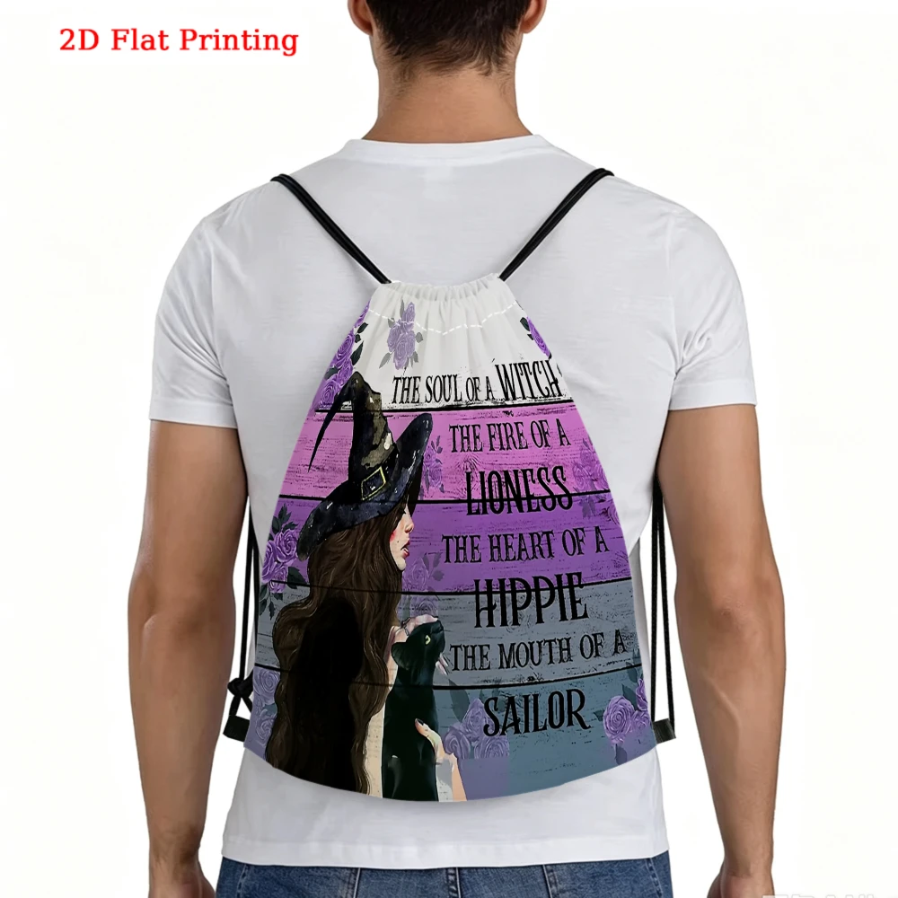 Vintage Style, Drawstring Backpack, 2D Flat Printing Lioness Hippie Sailor Pattern, Gym Sports Bag, Outdoor Travel Cinch Sack