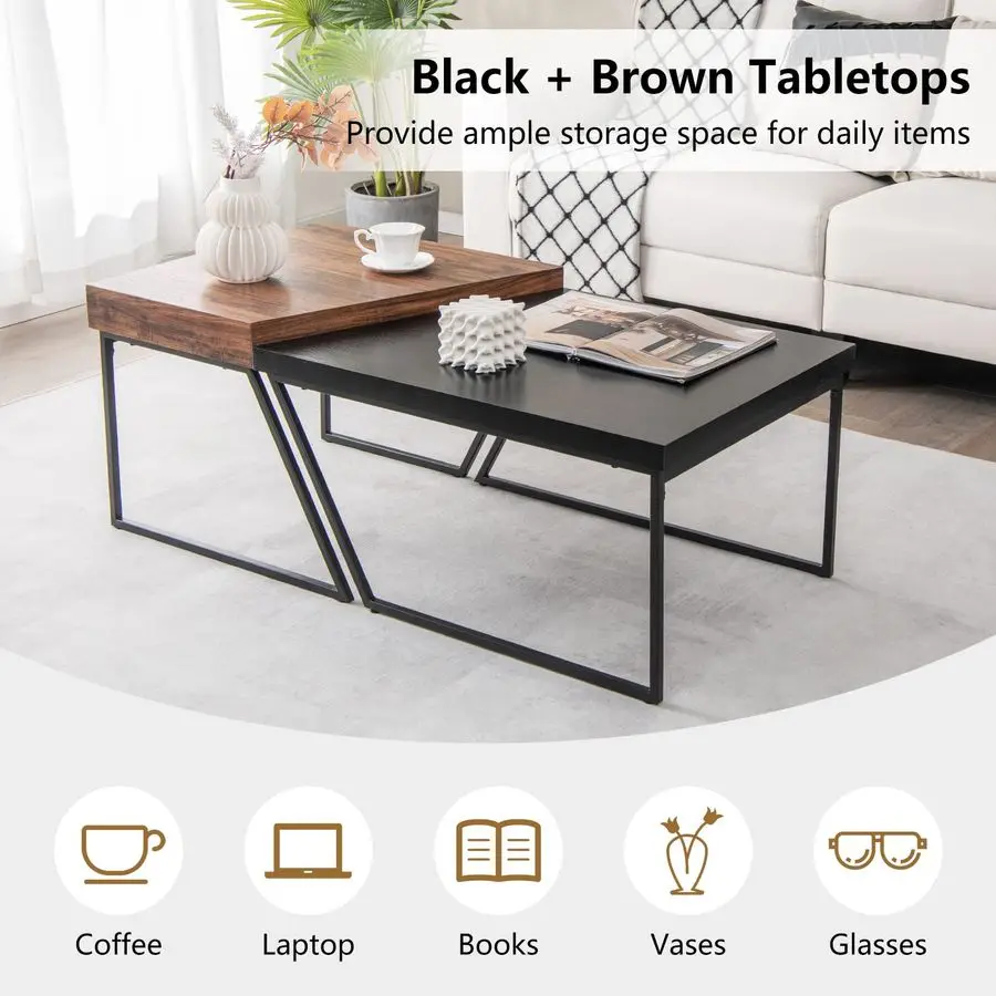 Stacking Coffee Table Set of 2, Black amp Brown Modern Side Table with Powder Coated Metal Legs, Trapezoid Nesting Table for Liv