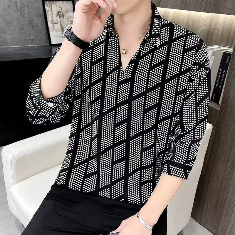 Men\'s Clothing Korean Fashion Print Business Casual Lapel Shirt Summer Three Quarter Sleeve Slim Ice Silk Tops Camisas De Hombre