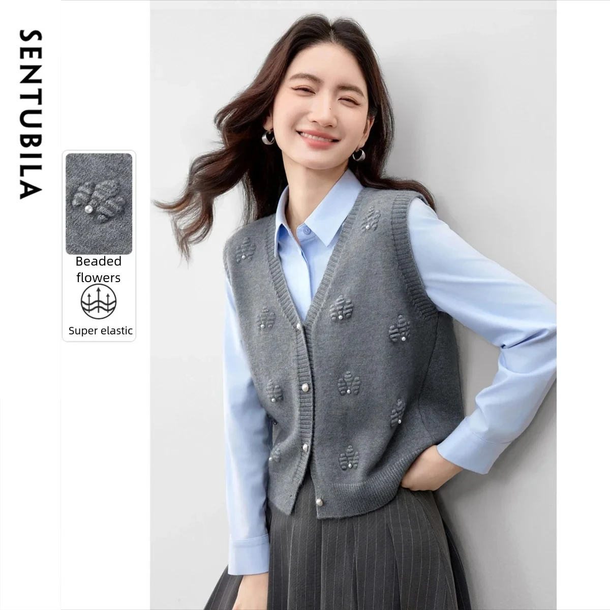 

SENTUBILA свитер, жилет, женский осенний вязаный свитер 202, жаккардовый свитер без рукавов с v-образным вырезом, мягкие эластичные теплые вязаные топы W53JB2692