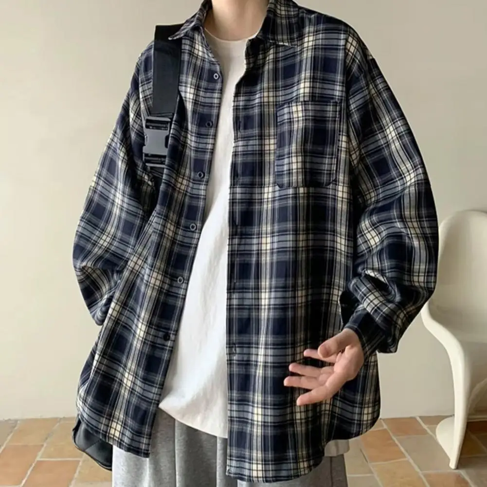 Camisa de gola lapela xadrez estampada masculina, jaqueta casual, casaco de lapela retrô com bolso de peito único, ajuste solto, mangas compridas