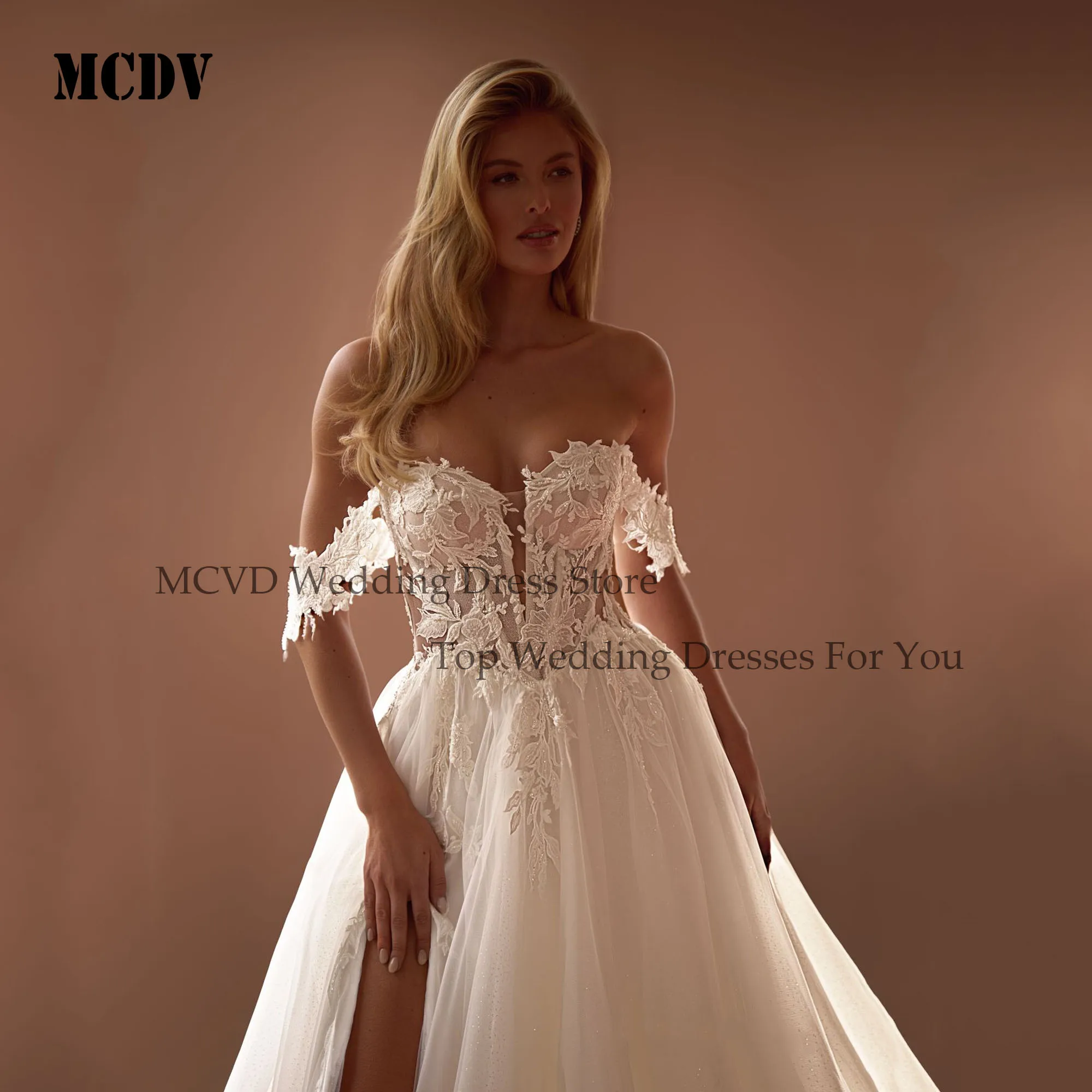 MCDV Off Shoulder Beach Wedding Dress Strapless Split A-Line Tulle Vestidos De Novia Boda Applique Lace Bride Gowns Customized