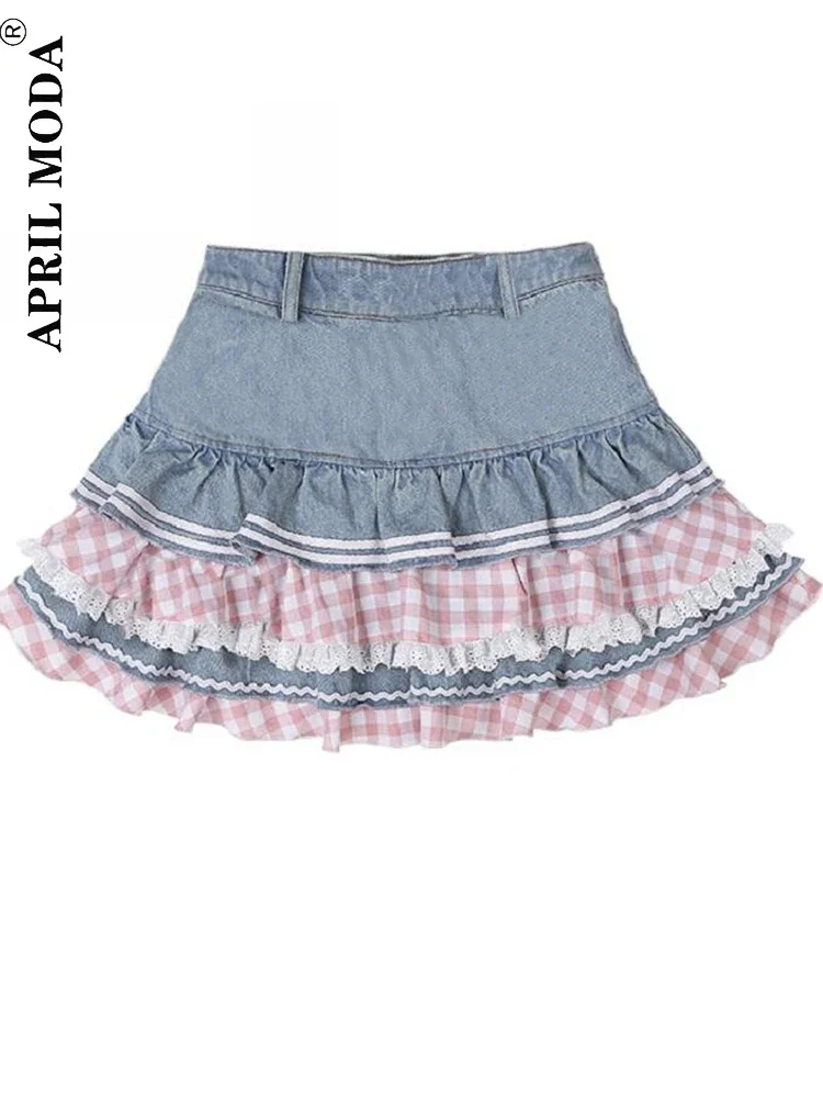 Preppy Style Lolita Kawaii Skirts Sweet Ball Gown Pleated Mini Women Denim Skirt Y2K High Waist Double Layer Ruffle Cake Skirts