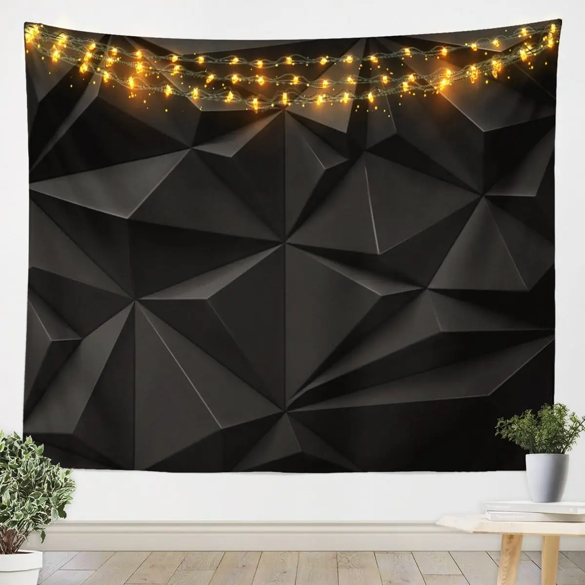 Abstract Black Geometric Polygonal Design Tapestry Wall Hanging for Modern Home Decoration Polyester Party Backdrop Lights Decor
