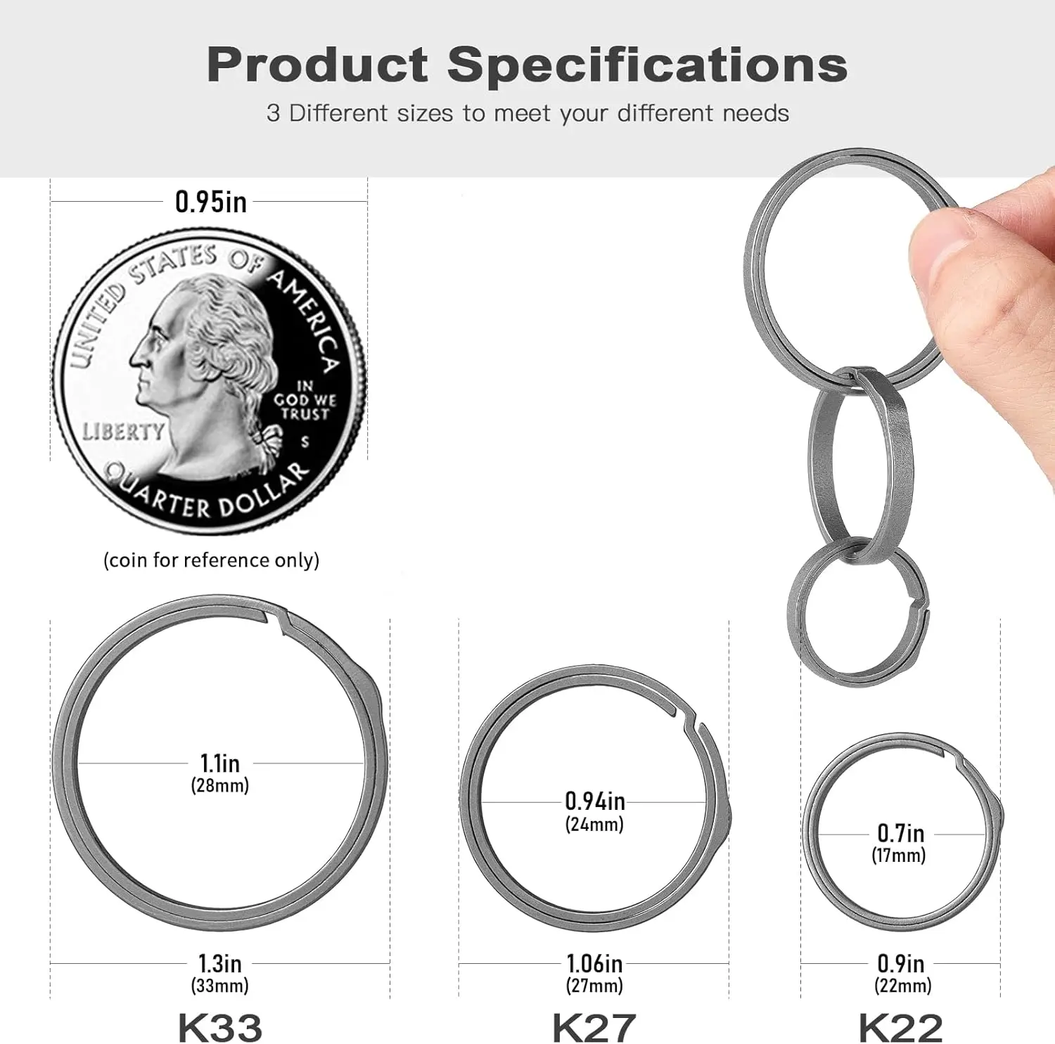 Titanium Side-Pushing Key Chain Rings , Key Rings for Keychain, Split Keyring Heavy Duty Keychain Rings Bulk