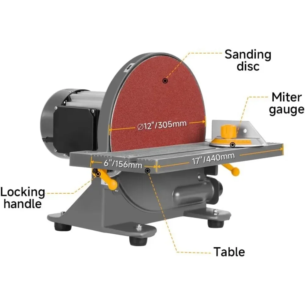 12-Inch Benchtop Disc Sander 6.5-Amp Sanding Machine with Miter Gauge and Dust Collection System for Wood and Metal