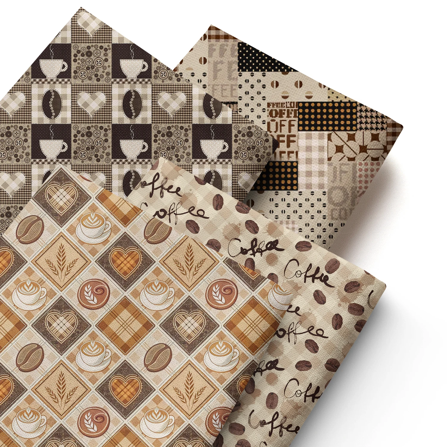 Pre-cut [Coffee Fabric Bundle] 4pcs/set Coffee Grid Coffee Bean Grind Style Fabric Bundle | 7.87x7.87 Inches (20x20cm) Polyester