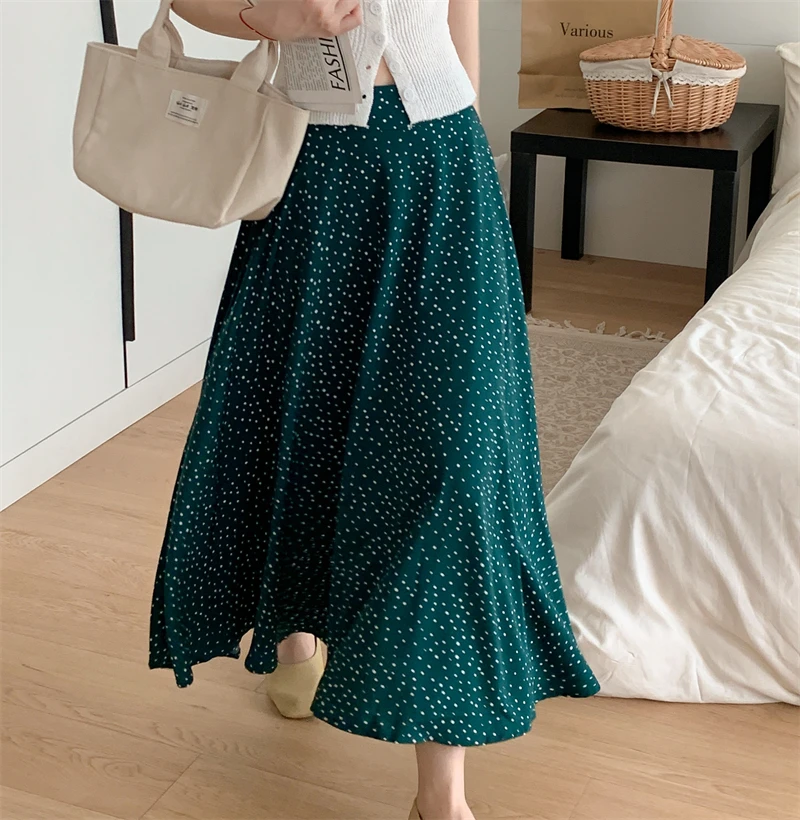 High-Waisted Slight Stretch Ladies Elegant Dot Midi Skirt Women Casual Chic Spring Summer Kawaii Skirt Korean Fashion Clothing