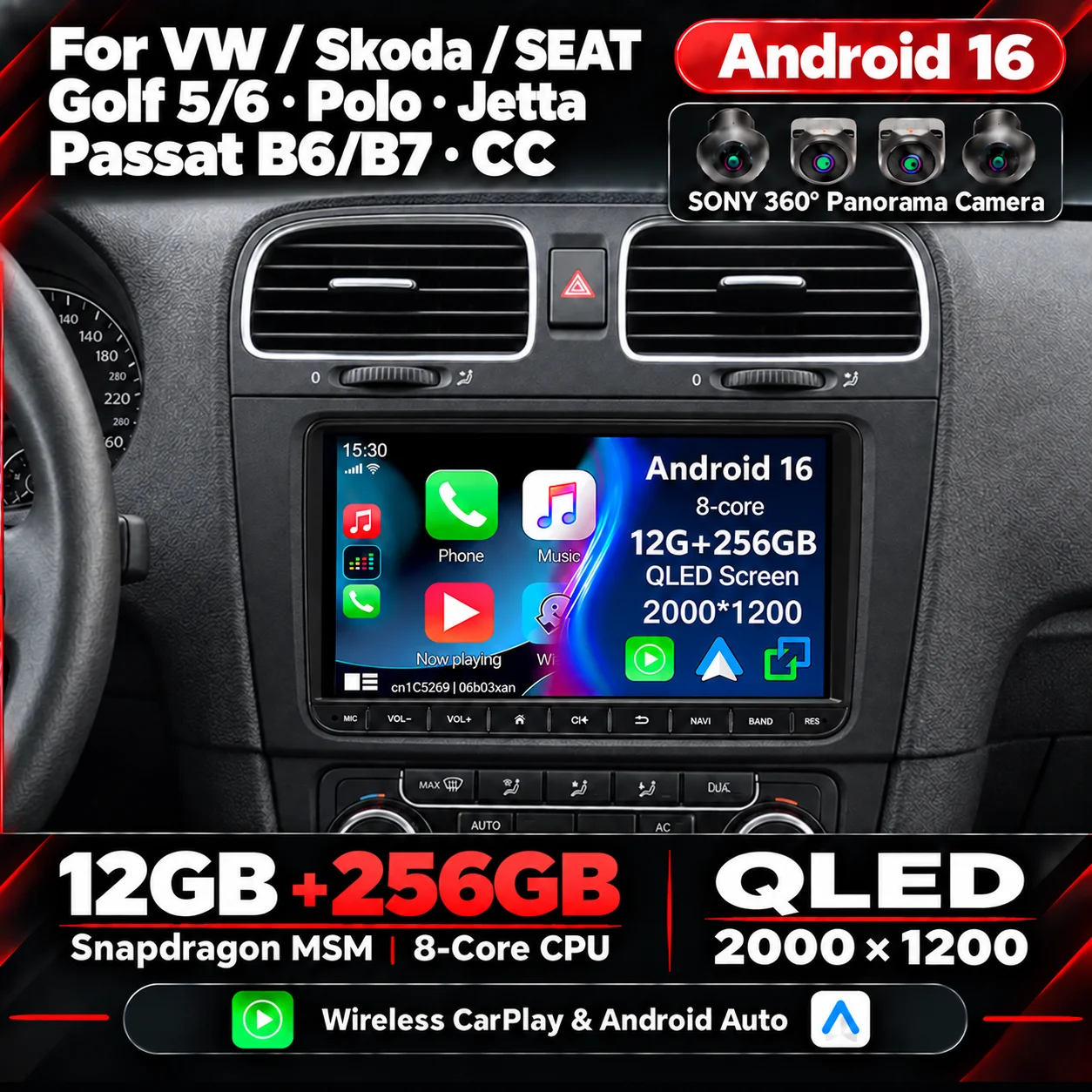 Qualcomm Android 16 Car Radio For Volkswagen Golf 5 6 Polo Jetta Passat B6 B7 CC Skoda Wireless CarPlay Android Auto GPS 4G WiFi