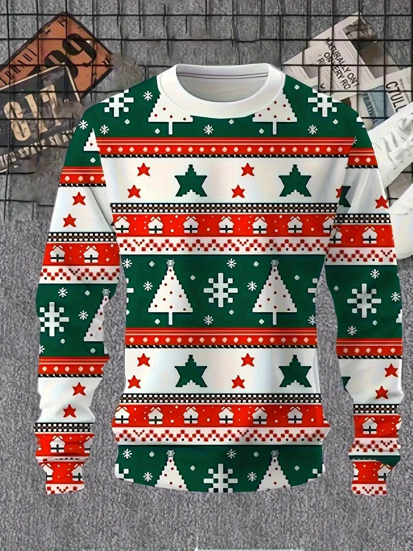 Neuer Herren-Weihnachts-Hoodie in Übergröße, 3D-Weihnachtsbaum, langärmelig, Rundhalsausschnitt, normale Version, Weihnachts-Design, Weihnachtspullover