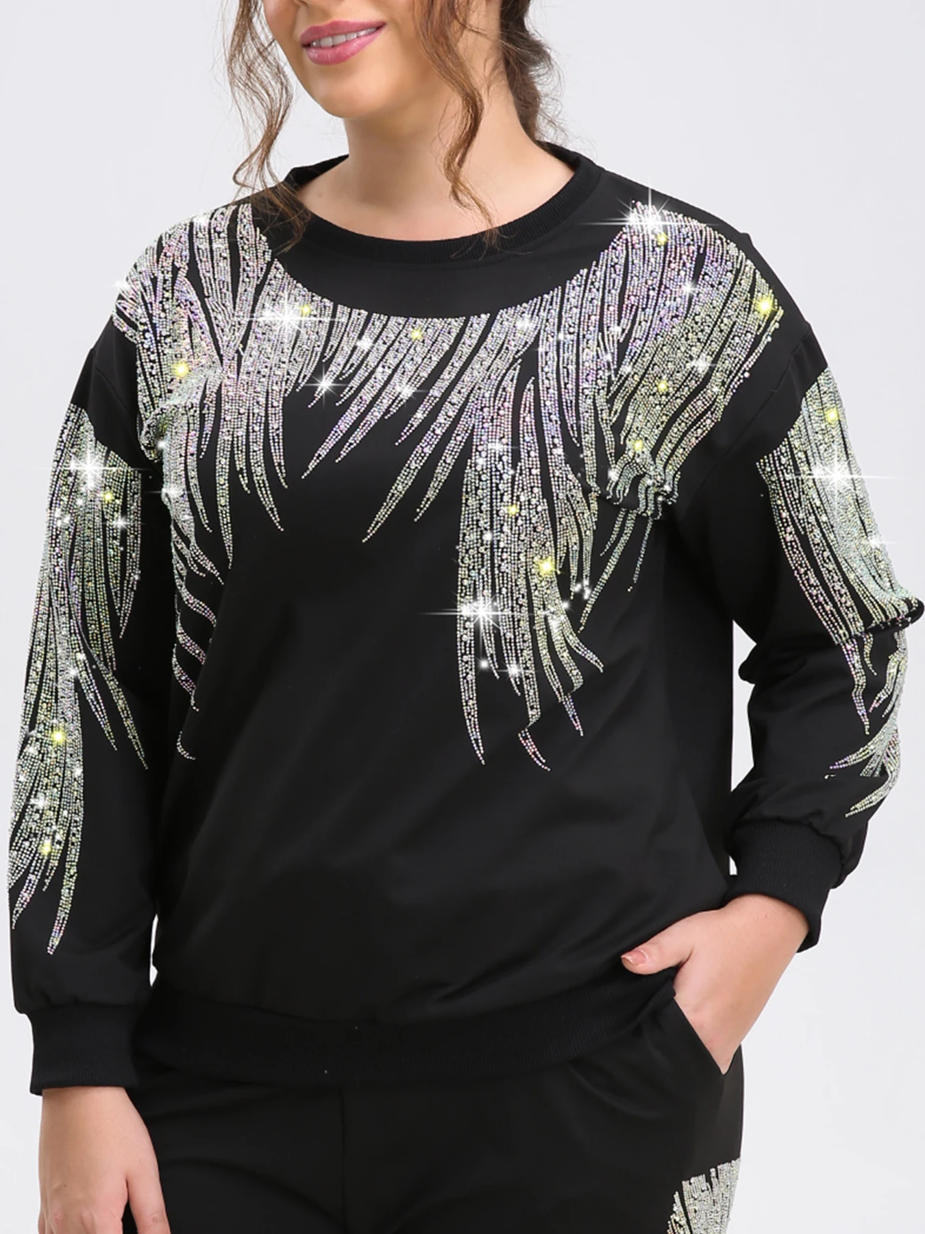 Plus Size Sweatshirt Sparkling Rhinestones Graphic Crew Neck Pullover Long Sleeve Top for Spring, Fall and Winter Casual