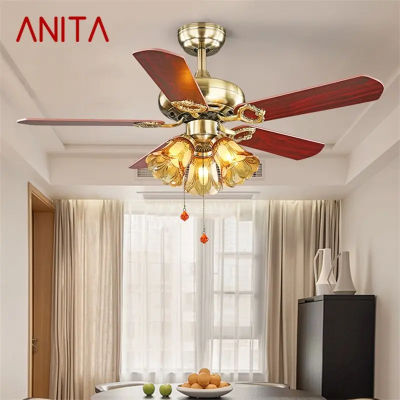 ANITA Ceiling Fan And Light With Wood Blade 220V 110V Modern Fan Lighting for Home Dining Room Bedroom Restaurant