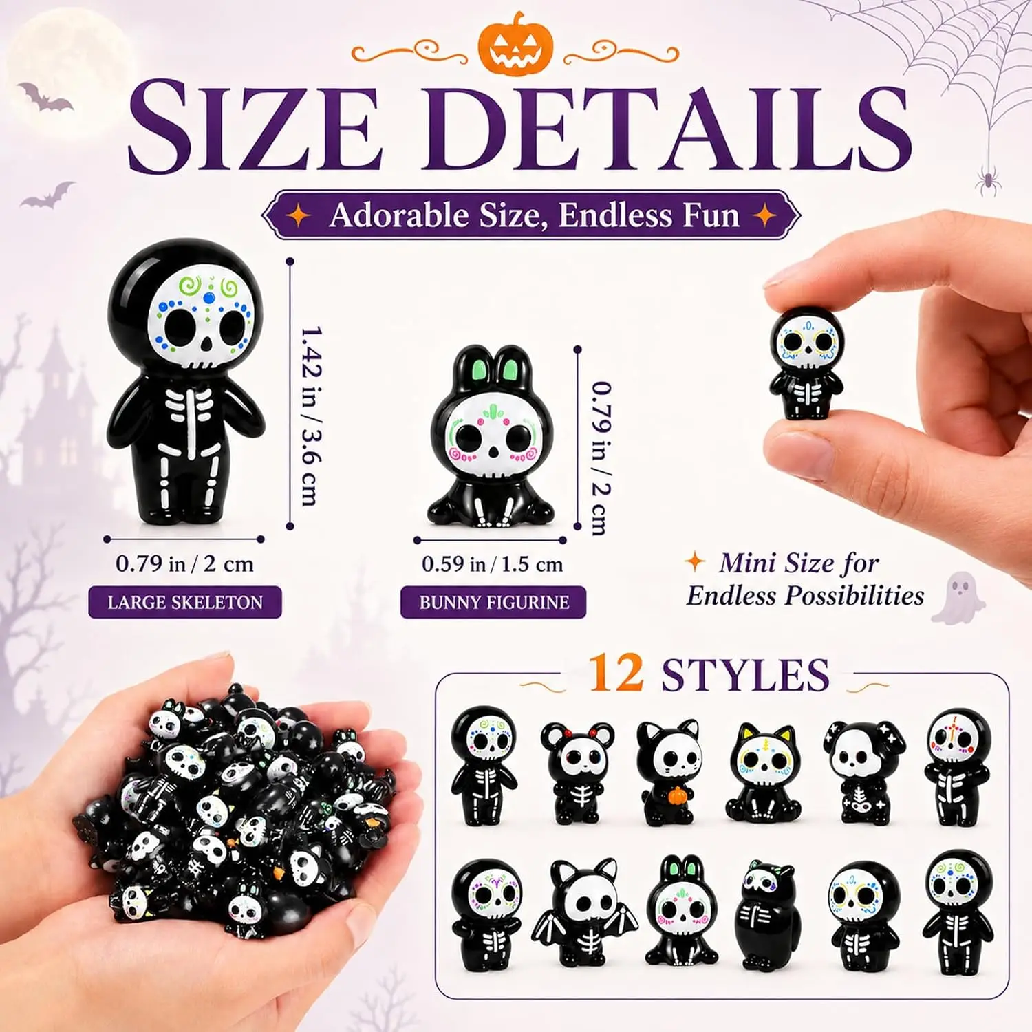 16Pcs Halloween Mini Resin Figurines Tiny Crafts Dollhouse Decor Party Favor Bag Fillers Scrapbook Micro Garden Decor