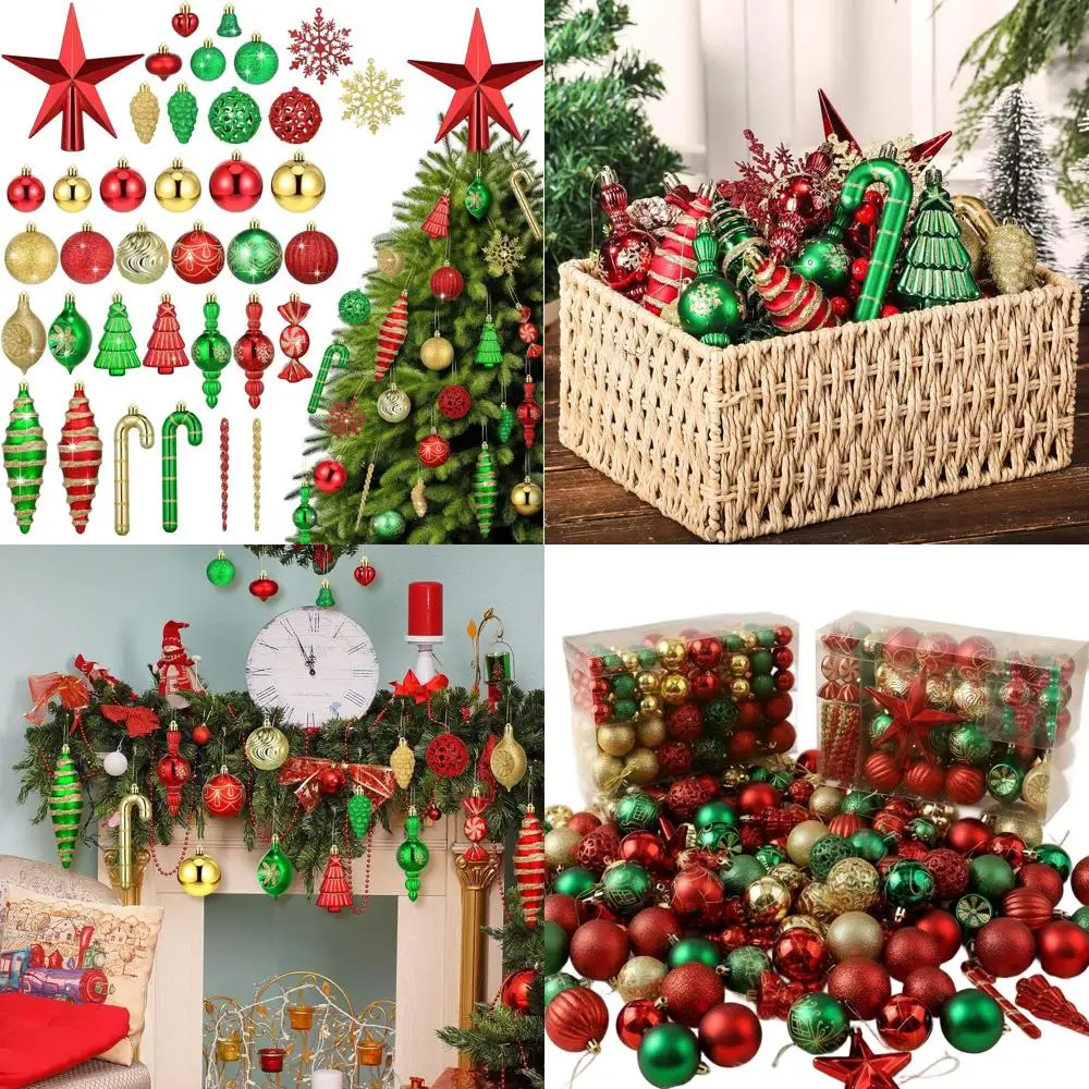 

Colorful Assorted Size Shatterproof Christmas Balls with Snowflake, Candy, and Red Star Tree Topper for Xmas Party and Tree Deco