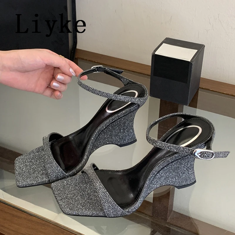 

Liyke 2026 Summer Fashion Sequined Cloth Wedges Heels For Woman Party Prom Shoes High Heeled Slippers Sandal Female Mules Slides