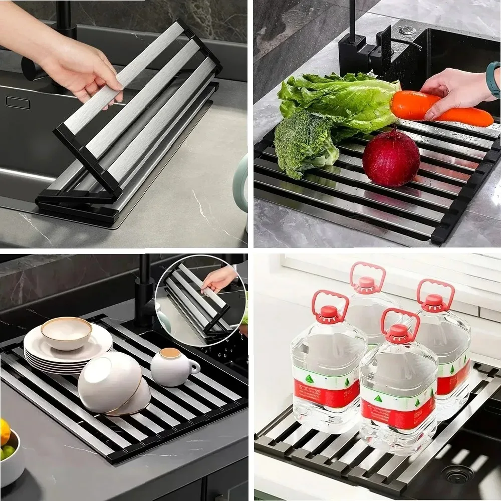 

Foldable Stainless Steel Sink Drain Rack, Retractable Dish Drying Rack & Storage Basket for Kitchen Sink