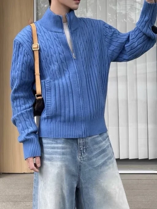 

Korean Laid-ba Sle Soft Pure Color oulder High Ne Knitted Cardigan Men Spring Autumn Casual Versatile ort Sweater