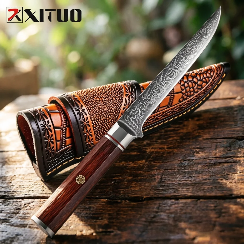 XITUO Damascus Boning Knife 6 inch,Damascus Steel Knife,Razor Sharp Kitchen Fillet Knife,Meat Cutting,Trimming,Leather Sheath