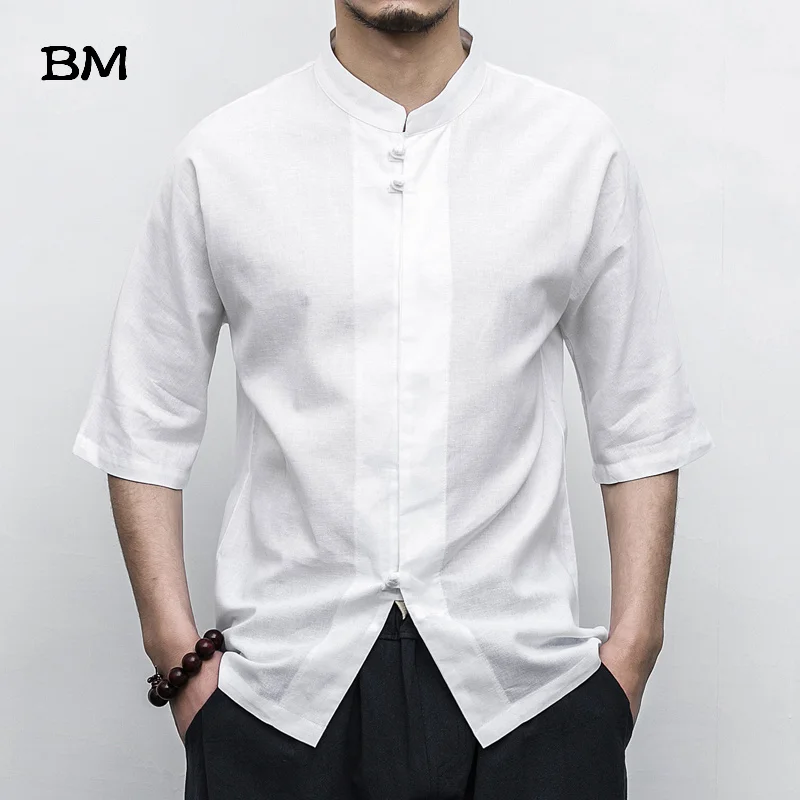 Summer Chinese Style Plate Buckle Linen Five-Point Sleeve Shirt Men Fashion Loose Middle Sleeve Half-Sleeved Short Sleeved Tops