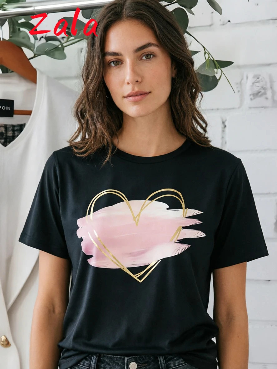 Golden Gradient Heart Printed Women's T-shirt Casual Round Neck Tops Tees Heart Harajuku Summer Short Sleeved Women's Clothing
