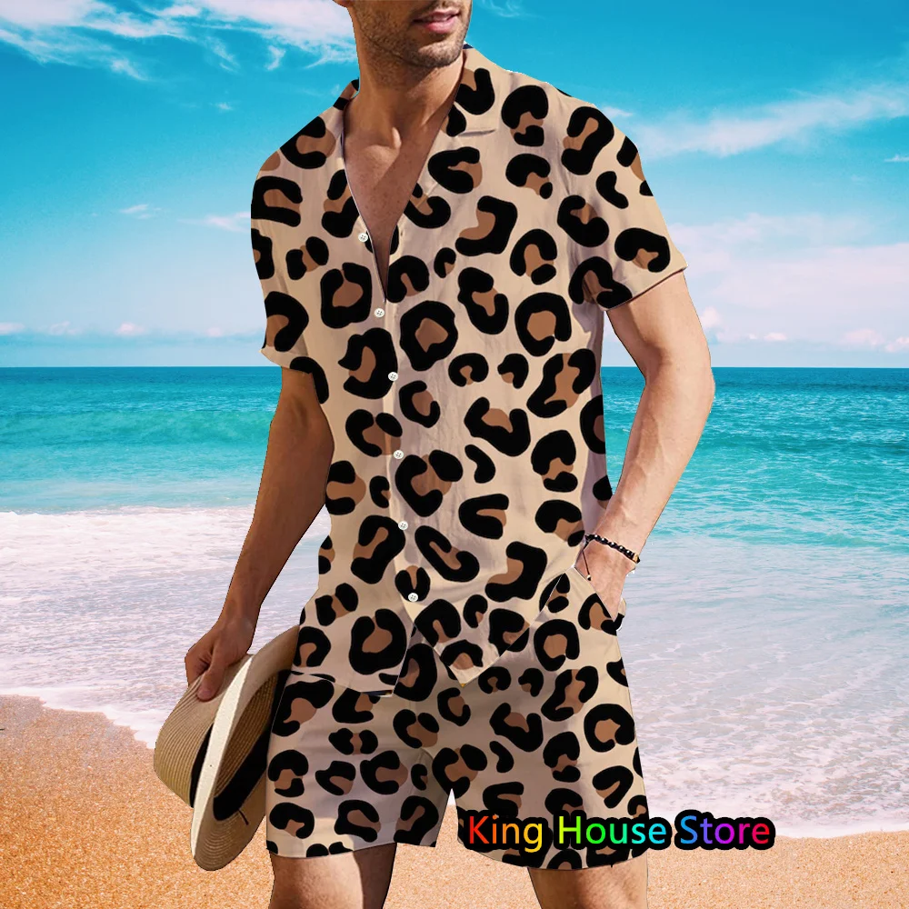 New Luxury Hawaiian Shirt 2 piece Set Summer 3D Printing Leopard Short Sleeve Shirt Beach Shorts Suits Casual Men's Clothes