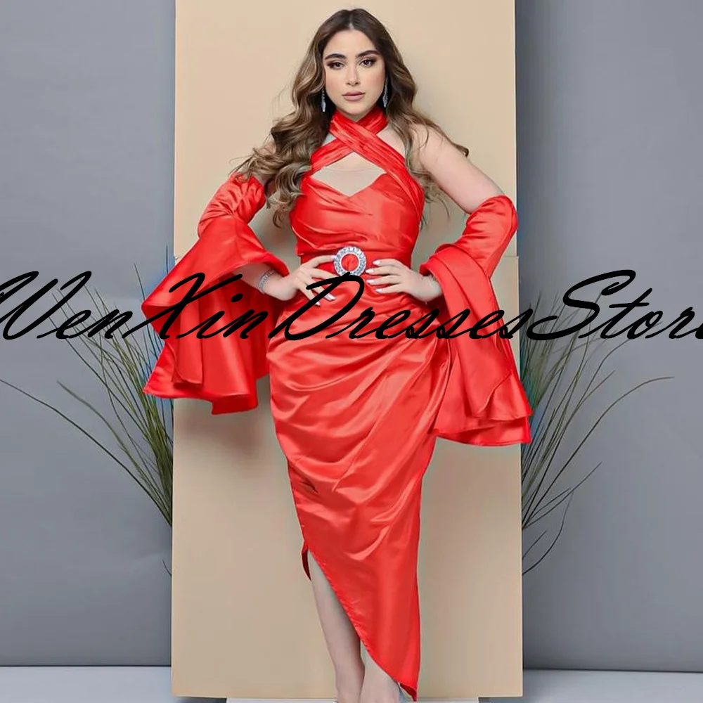 Customized Temperament Belt Satin Detachable Sleeve Evening Dress Luxury Halter Straight Long Sleeves Ankle Length Party Gowns