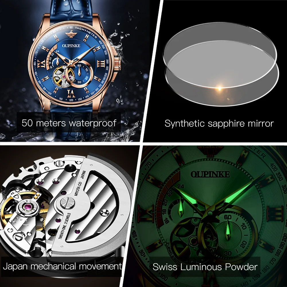 OUPINKE 3222 orologio da polso meccanico automatico per uomo 3D Skeleton Sapphire Leather Brand Luxury Top Brand orologio da polso Business