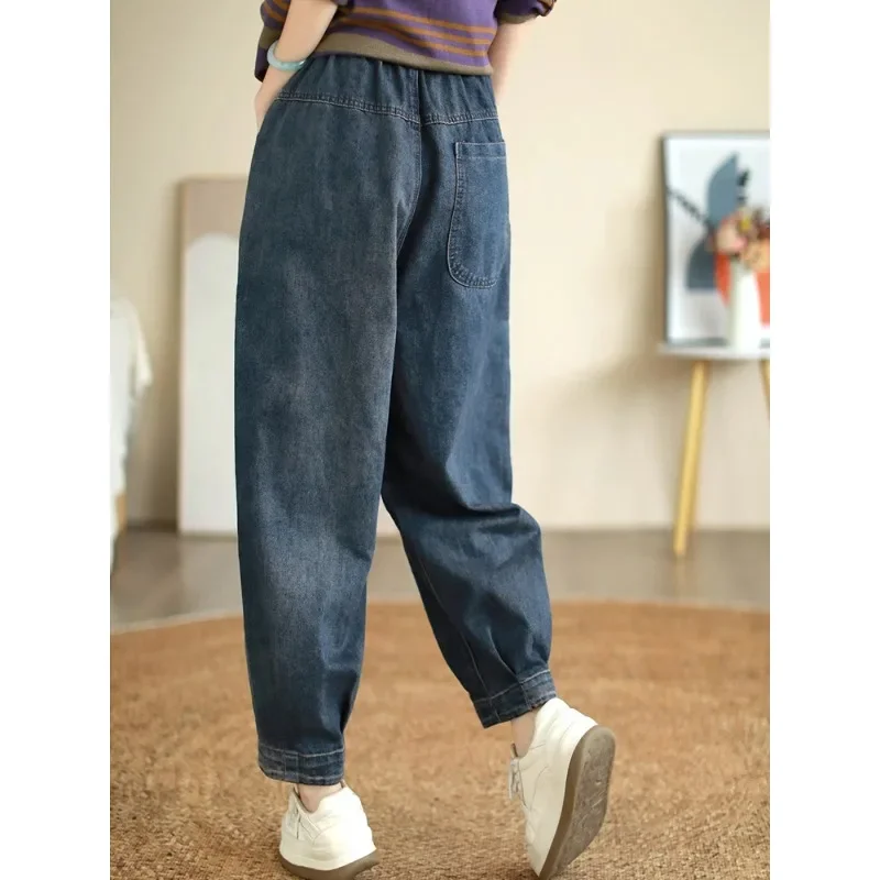 Fashion Designer Autumn Denim Pants Womens Loose Casual Vintage Jeans Ladies Classic Luxury Elastic Harem Trousers