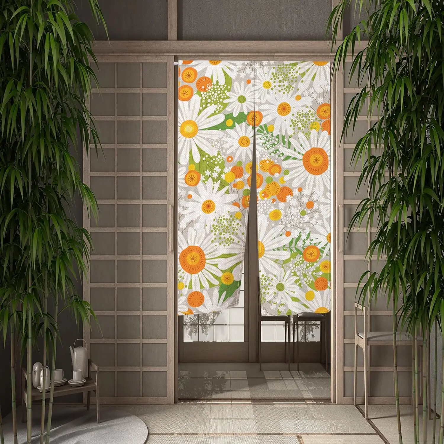 Boho Style Daisy Printed Door Tapestry Noren Japanese Doorway Curtain Single Side Window Treatment Panel Home Bistro Bar Kitchen