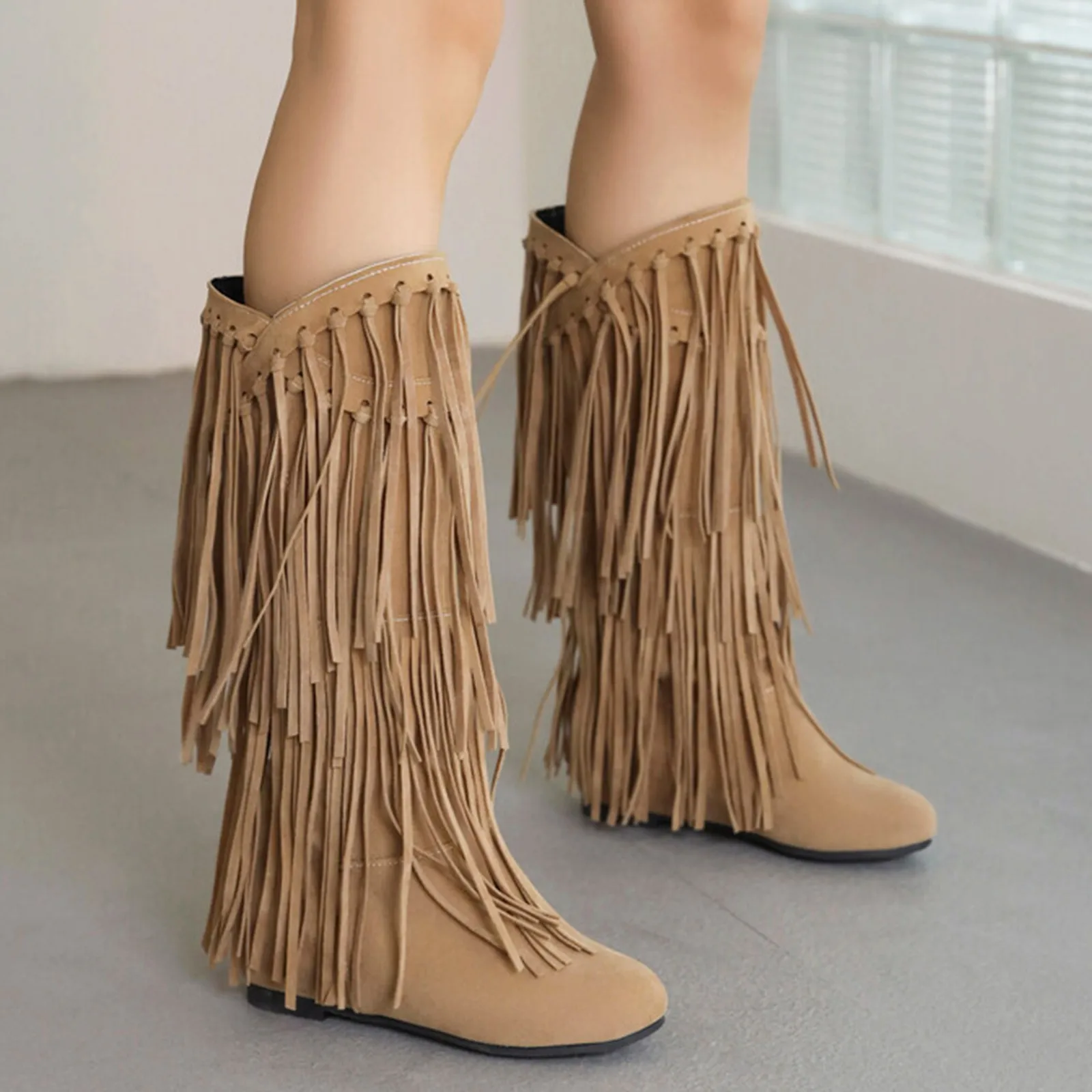 Women\'s Fringe Boots 2023 Winter New Western Boots Round Toe Flats Suede Solid Cool Internal Elevation Boots Dressy Daily Shoes