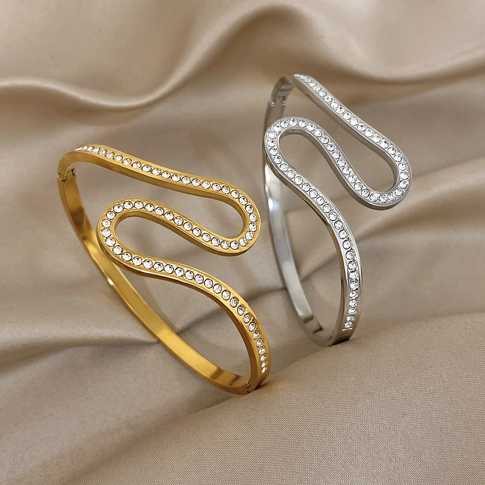 

Freetry Minimalist Irregular Stainless Steel Cuff Bracelet for Women Trendy Geometry Serpentine Spring Bangle Waterproof Jewelry