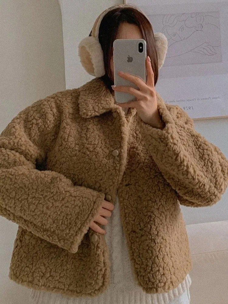 Manteau coréen élégant en fourrure d'agneau pour femme, anti-âge, à revers, à bouton unique, en cuir et fourrure intégrés, Aosphere