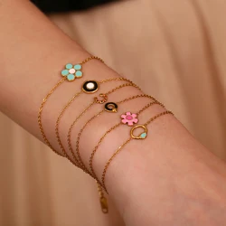 E.B.belle New Design Colorful Enamel Porcelain Flowers Horseshoe Heart  Thin Chain bracelets PVD stainless steel women's jewelry